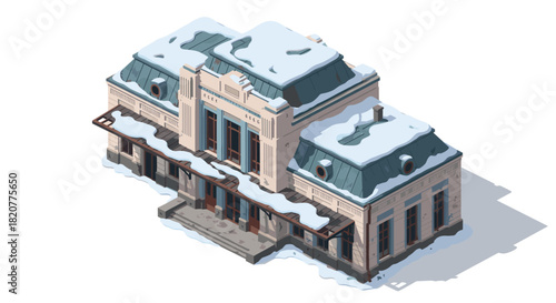 Historic railway station covered in snow captured in detailed isometric art style