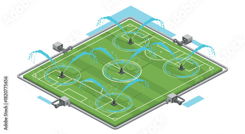 Isometric soccer field with automated irrigation system and sprinklers