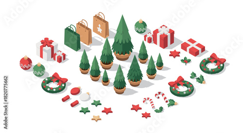 Festive isometric christmas trees and decorations for holiday designs