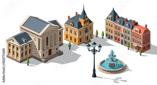 Charming urban architecture with historic buildings and fountain in isometric design