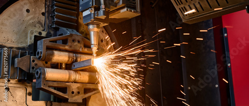 Close-up of a CNC laser cutting a steel tube, producing bright sparks in an industrial workshop