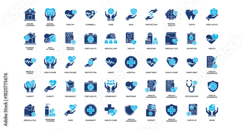Health insurance icon set collection. Containing mental, nursing, anatomy, beat, charity, personal, stethoscope .Solid vector icons collection