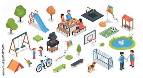 Family enjoying outdoor picnic and activities in isometric park setting
