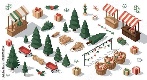 Isometric holiday market with trees, gifts, and decorations
