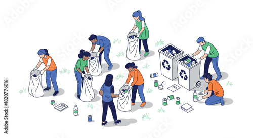 Community cleanup initiative with diverse volunteers engaged in recycling activities
