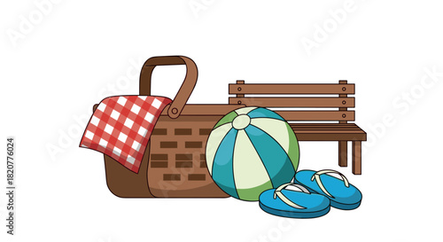 Summer picnic setup with basket and beach ball by a park bench