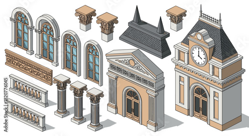 Classic architectural elements in isometric style with columns, windows, and clock tower