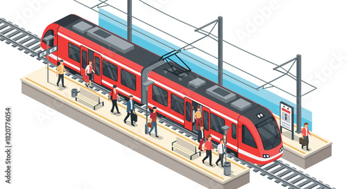 Modern isometric city train station with red commuter train and passengers on platform
