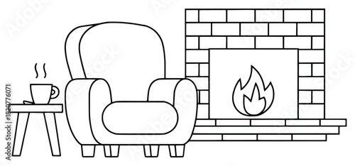Cozy Comfort by the Hearth: A relaxing scene featuring a comfortable armchair beside a crackling fireplace, offering warmth and tranquility. A steaming mug on a side table enhances the scene.