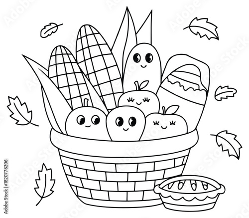 Thanksgiving Harvest: An illustration of a Thanksgiving harvest basket filled with corn, squash, apples, pie, and leaves, offering a heartwarming symbol of the season.