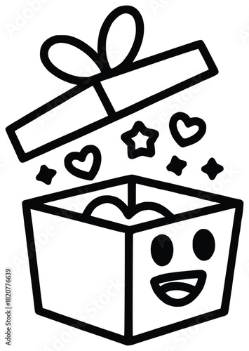 Surprise Inside the Box: An open gift box smiles and shines as hearts, stars, and sparkles spill from the lid, embodying the joy of giving and the excitement of unveiling a treasure.
