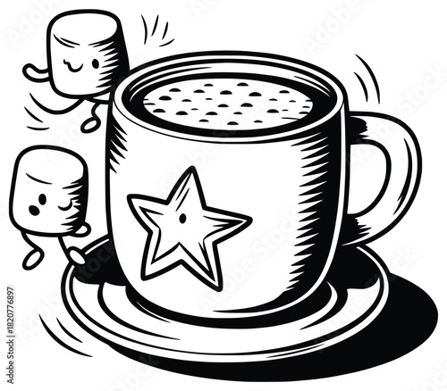 Cozy Cocoa Cup with Marshmallow Companions: A charming illustration depicts a steaming cup of cocoa adorned with a star design, accompanied by lively marshmallow friends.