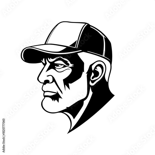 High-contrast vector illustration of a mature man's profile with defined facial features, strong jawline, and prominent nose, wearing a cap that casts angular shadows on his face, simplified shapes an