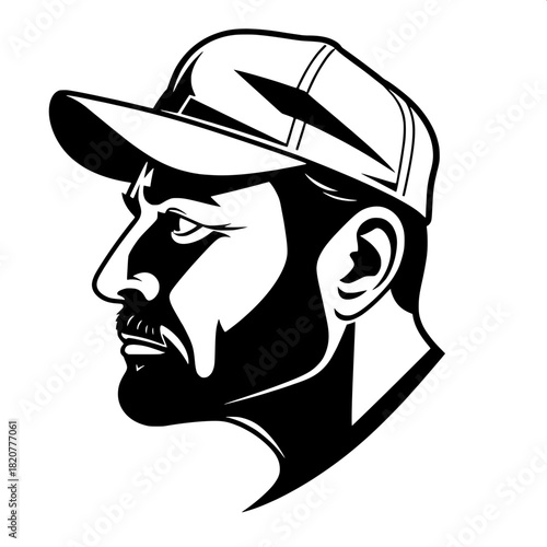 High-contrast vector illustration of a mature man's profile with defined facial features, strong jawline, and prominent nose, wearing a cap that casts angular shadows on his face, simplified shapes an