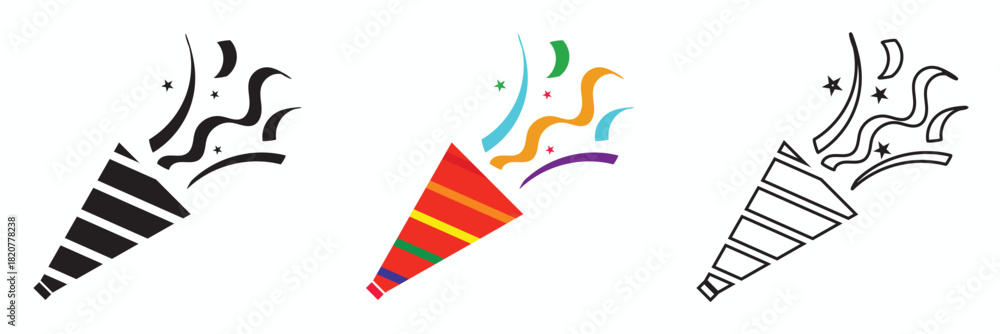 Obraz premium Party popper icons set with confetti burst. Set of three party popper icons releasing confetti and streamers, ideal for celebration graphics, event designs, and festive digital elements.
