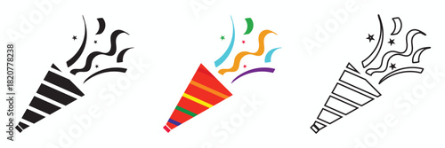 Party popper icons set with confetti burst. Set of three party popper icons releasing confetti and streamers, ideal for celebration graphics, event designs, and festive digital elements.

