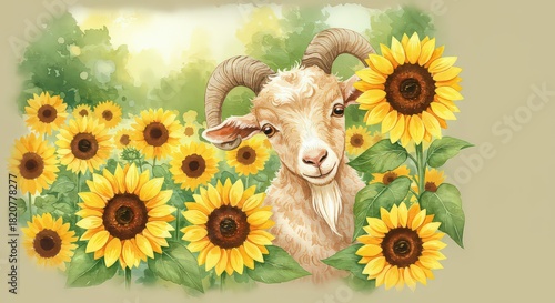 Goat among sunflowers