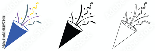 Party popper icons set with confetti burst. Set of three party popper icons releasing confetti and streamers, ideal for celebration graphics, event designs, and festive digital elements.

