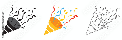 Party popper icons set with confetti burst. Set of three party popper icons releasing confetti and streamers, ideal for celebration graphics, event designs, and festive digital elements.

