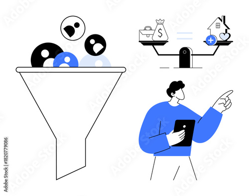 Data filtering concept. Filtering funnels, decision-making scales, and professional computations data analysis, prioritization, and evaluation. Ideal for business, technology, strategy marketing