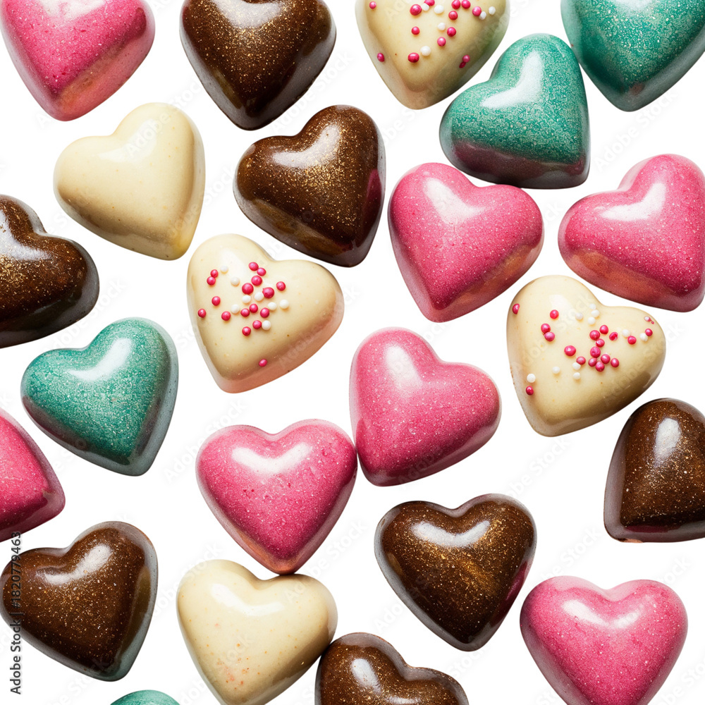 Obraz premium Delicious heart shaped chocolates assortment for celebrations and gifts isolated on transparent background