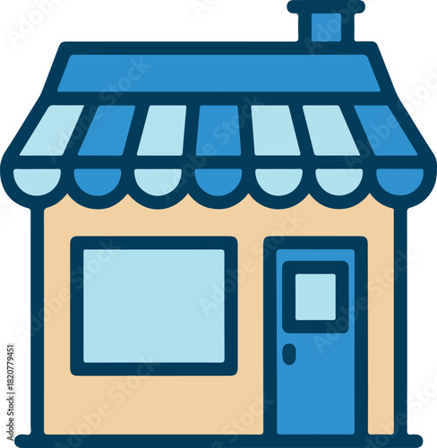 A simple cartoon illustration of a small local shop or storefront with a blue striped awning.