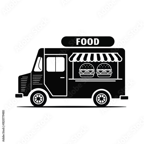 Black and white illustration of a food truck serving burgers