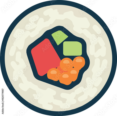 Top-down view of a single sushi maki roll with rice, nori, fish, roe, and green vegetables.