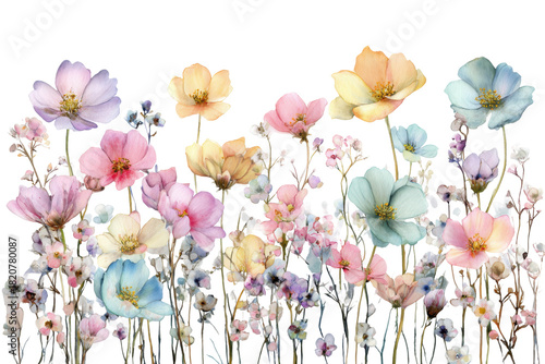 Delicate pastel watercolor floral arrangement isolated on transparent background. Beautiful delicate fantasy flowers in soft pastel colors blooming isolated on white background.