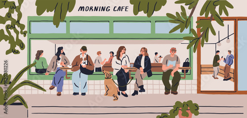Outdoor cafe terrace in morning. People sitting and drinking at tables outside modern urban coffee shop, coffeehouse. Friends meeting, talking during cozy breakfast on street. Flat vector illustration
