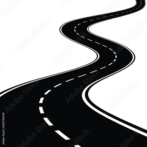 Winding black asphalt road with white dashed lines