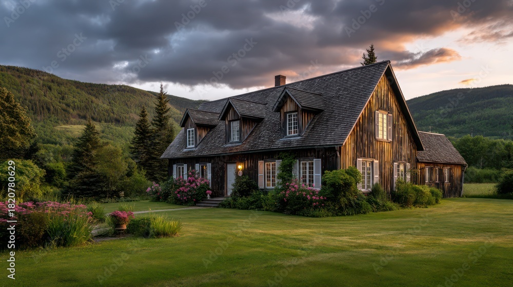 Obraz premium A traditional house with wooden siding and a steep gabled roof set against a backdrop of rolling hills