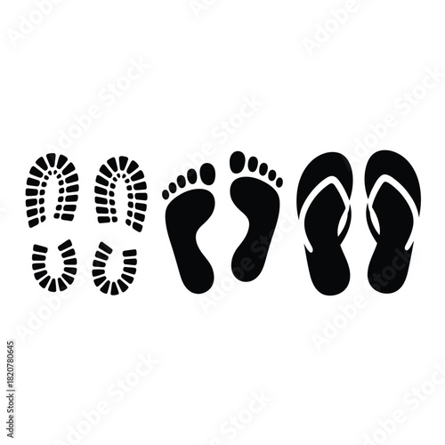 Collection of footprints and flip flops on a white background