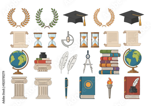Academic and educational symbols and objects for learning and knowledge.
