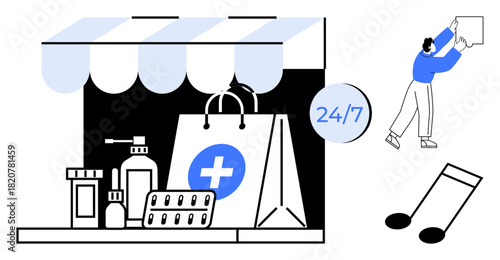 Pharmacy concept. Pharmacy with medical supplies, pills, and 247 service availability. Pharmacy connected to healthcare, delivery systems, customer support, and medicine accessibility