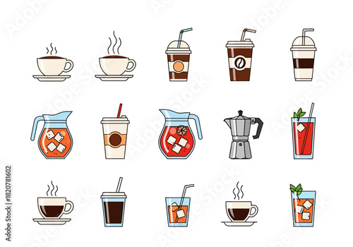 Colorful coffee and tea beverage icon collection illustration set.