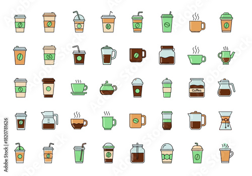 Collection of Coffee and Tea Icons: Diverse Beverage Options.