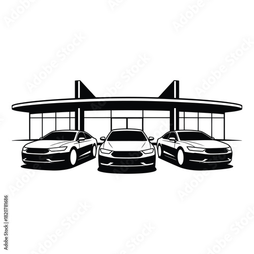 Three modern sedans parked in front of a sleek building