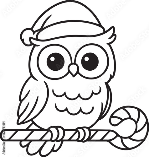 Cute cartoon owl wearing santa hat holding candy cane