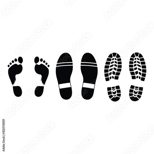 Footprints and shoe prints progression from barefoot to boots