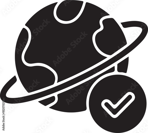 A black silhouette of planet earth with orbital rings and check mark icon overlay