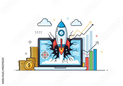 Business Startup Launch Rocket Emerging from Laptop Screen.