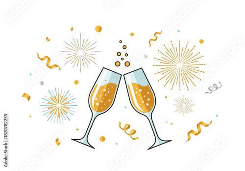 Champagne glasses toasting with festive fireworks and confetti.