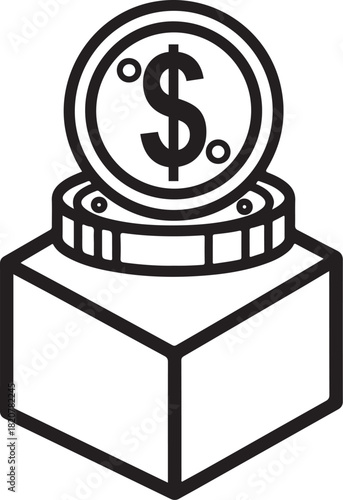 Dollar coin placed on geometric container representing financial contribution investment or donation box.