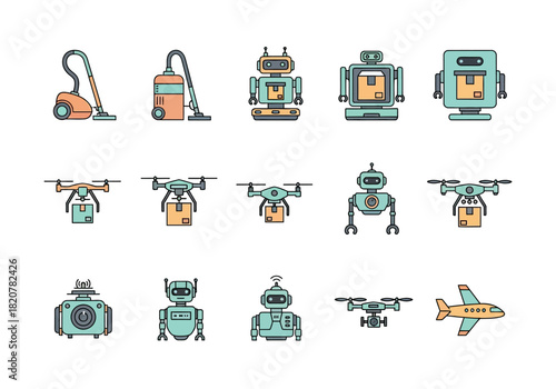 Automated delivery robots and drones technology icons set.