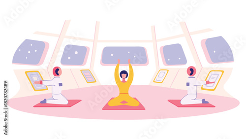 Cartoon astronauts doing yoga poses in space