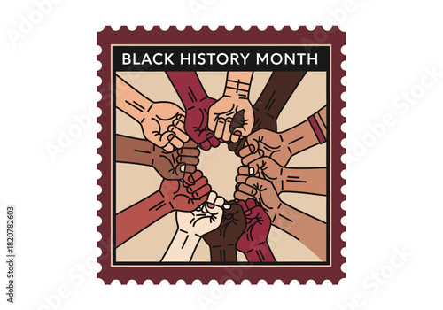 Black History Month postage stamp featuring diverse hands in a circle symbolizing unity and solidarity.