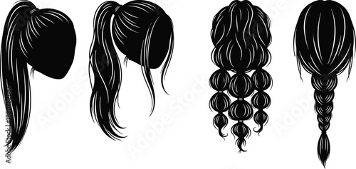 Black silhouette hairstyles including ponytails bubble braid and braid vector