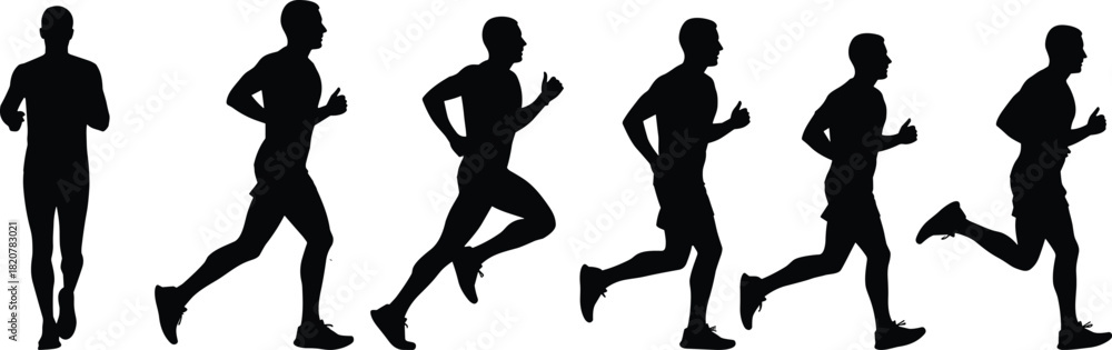 Obraz premium Black silhouette of a man running in multiple poses on a white background male athlete