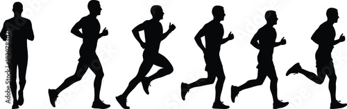 Black silhouette of a man running in multiple poses on a white background male athlete